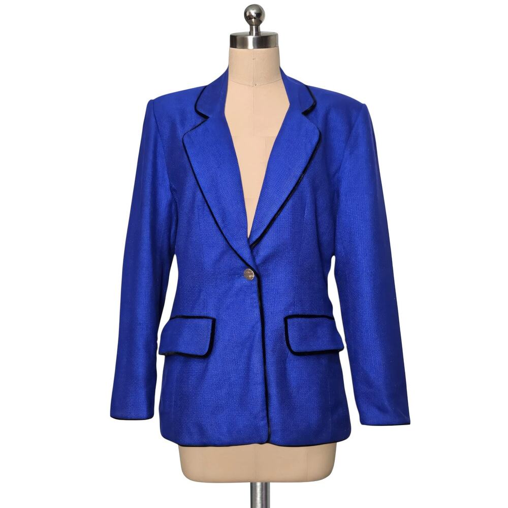 Kunto 100% Silk Woven Bright Blue Blazer Jacket With Velvet Trim XL